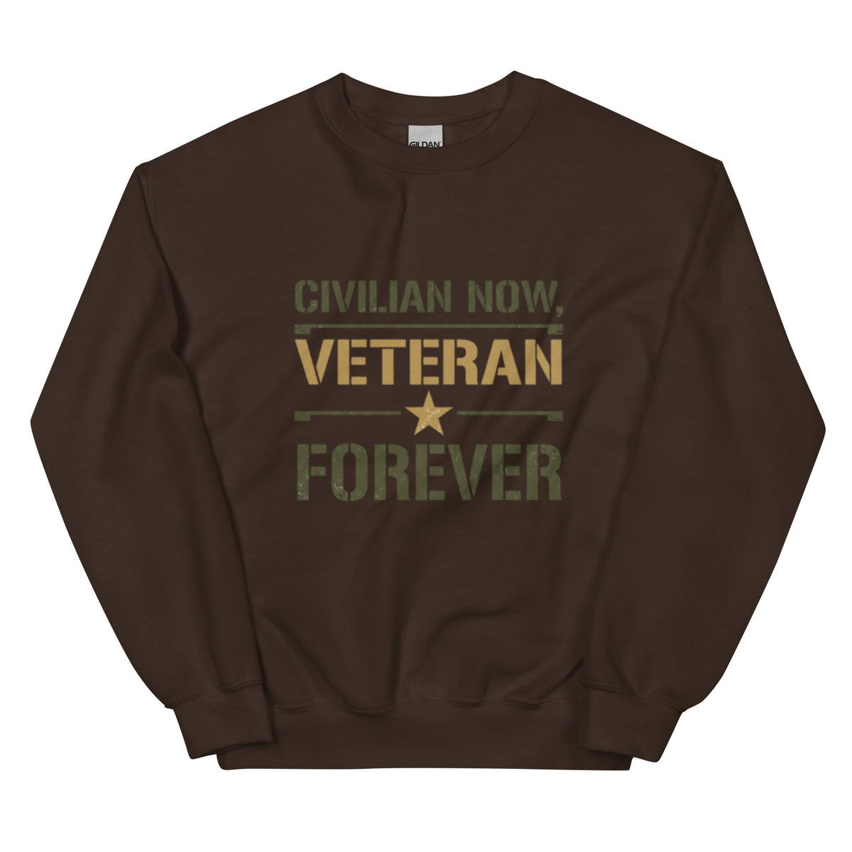 Civilian Now, Veteran Forever Crew Neck Sweatshirt in Dark Chocolate, front, Twenty & Out