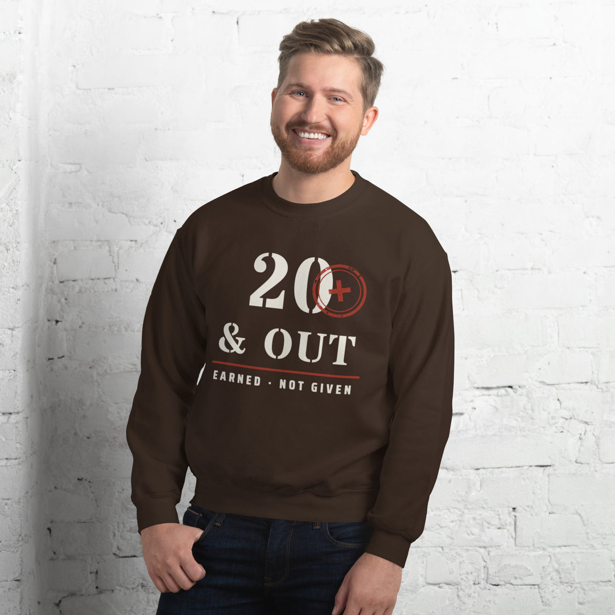 20 Plus & Out Crew Neck Sweatshirt in Dark Chocolate, front, Twenty & Out