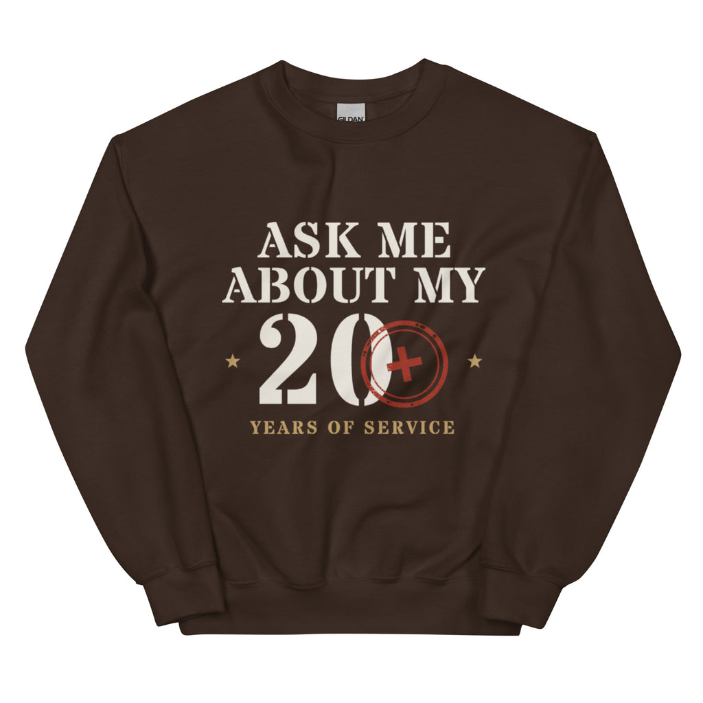 Ask Me About My 20+ Crewneck Sweatshirt in Dark Chocolate, front, Twenty & Out