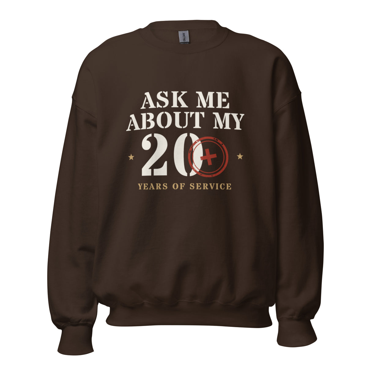 Ask Me About My 20+ Crewneck Sweatshirt in Dark Chocolate, front, Twenty & Out