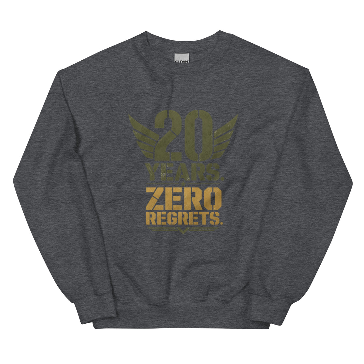 20 Years Zero Regrets Crew Neck Sweatshirt in Dark Heather, front, Twenty & Out