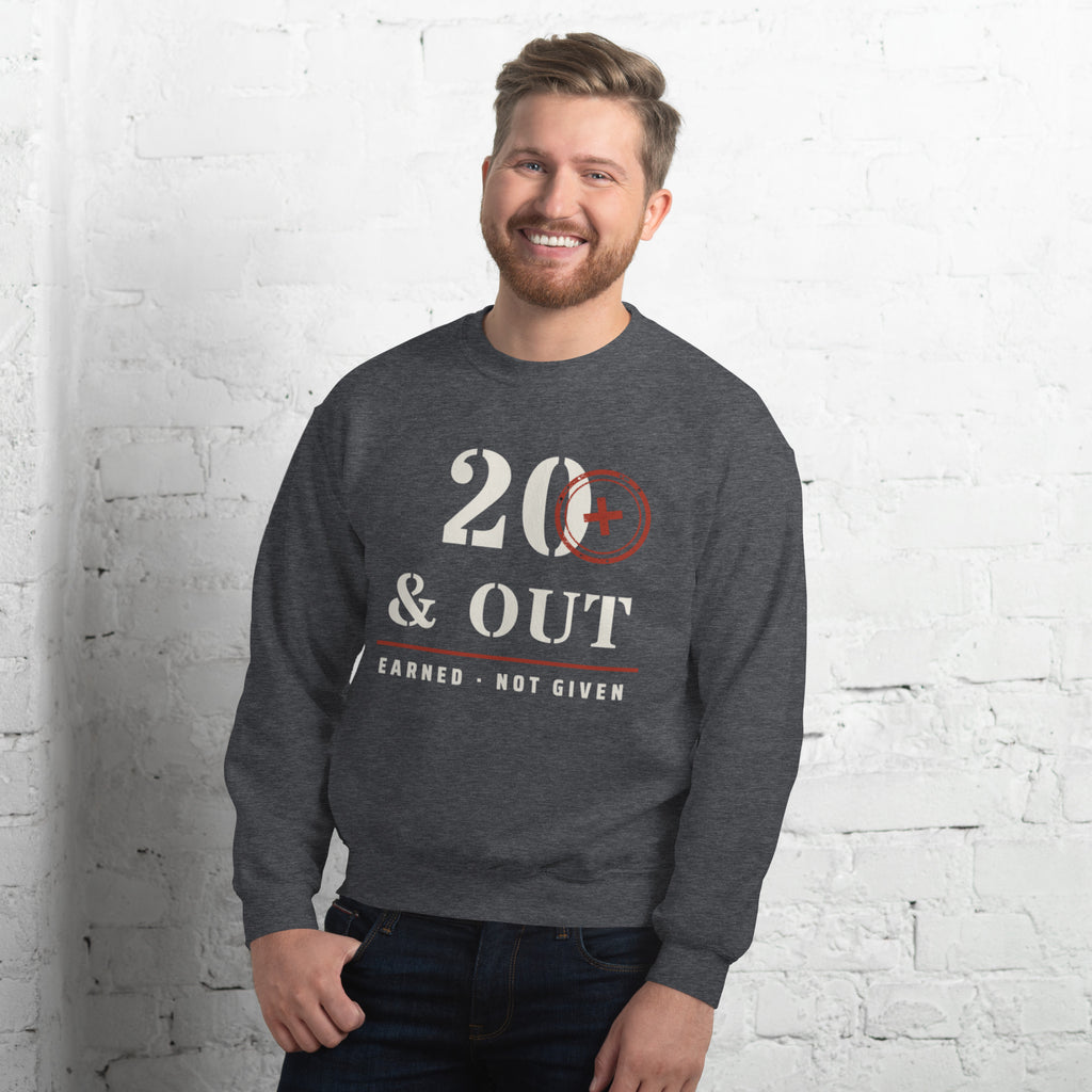 20 Plus & Out Crew Neck Sweatshirt in Dark Heather, front, Twenty & Out