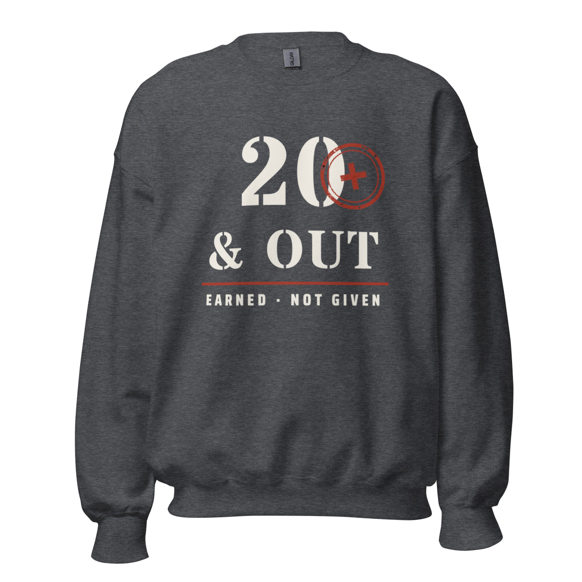 20 Plus & Out Crew Neck Sweatshirt in Dark Heather, front, Twenty & Out