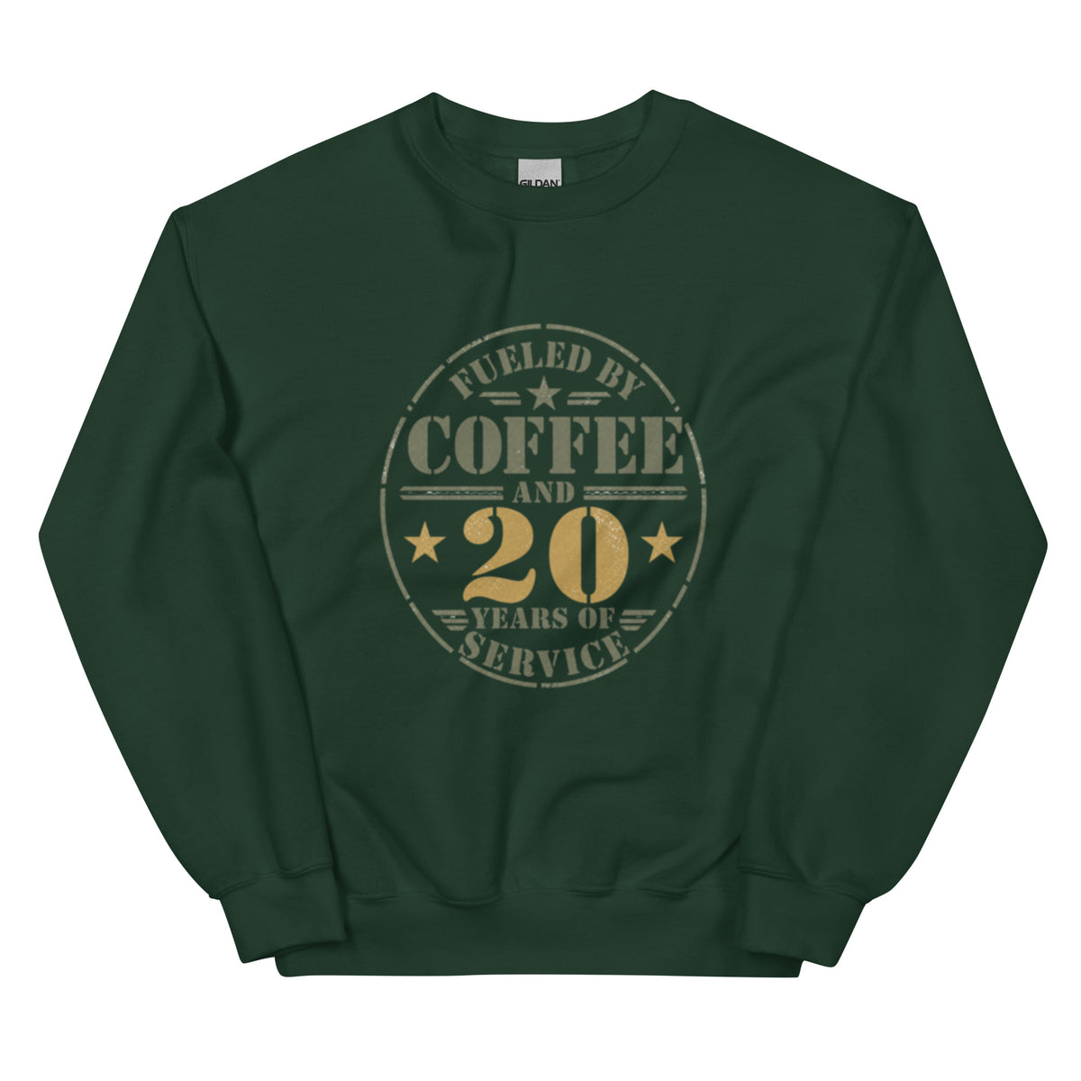 Fueled By 20 Years of Service Crew Neck Sweatshirt in Forest Green, front, Twenty & Out