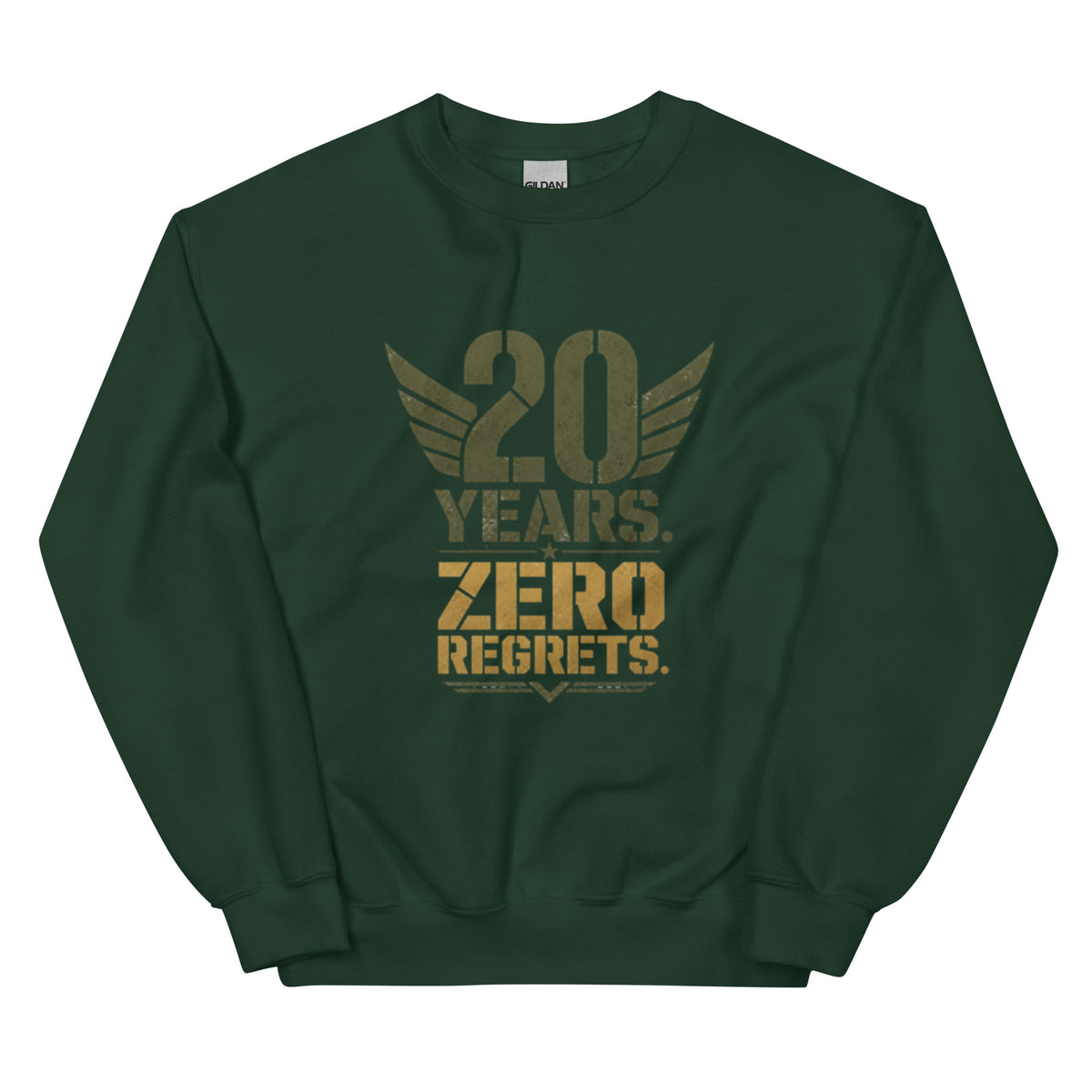 20 Years Zero Regrets Crew Neck Sweatshirt in Forest Green, front, Twenty & Out