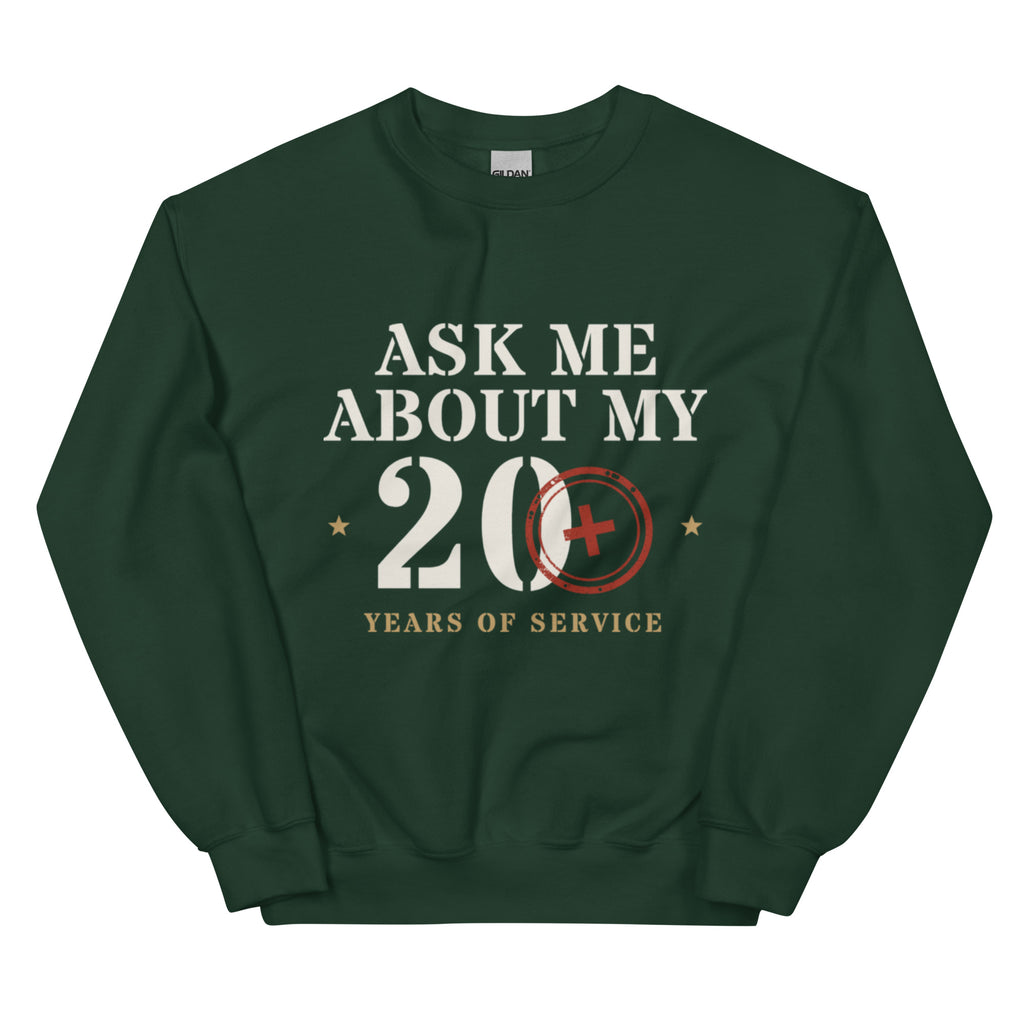 Ask Me About My 20+ Crewneck Sweatshirt in Forest Green, front, Twenty & Out