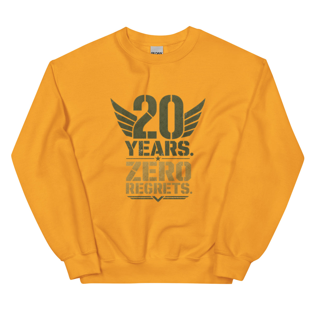 20 Years Zero Regrets Crew Neck Sweatshirt in Gold, front, Twenty & Out