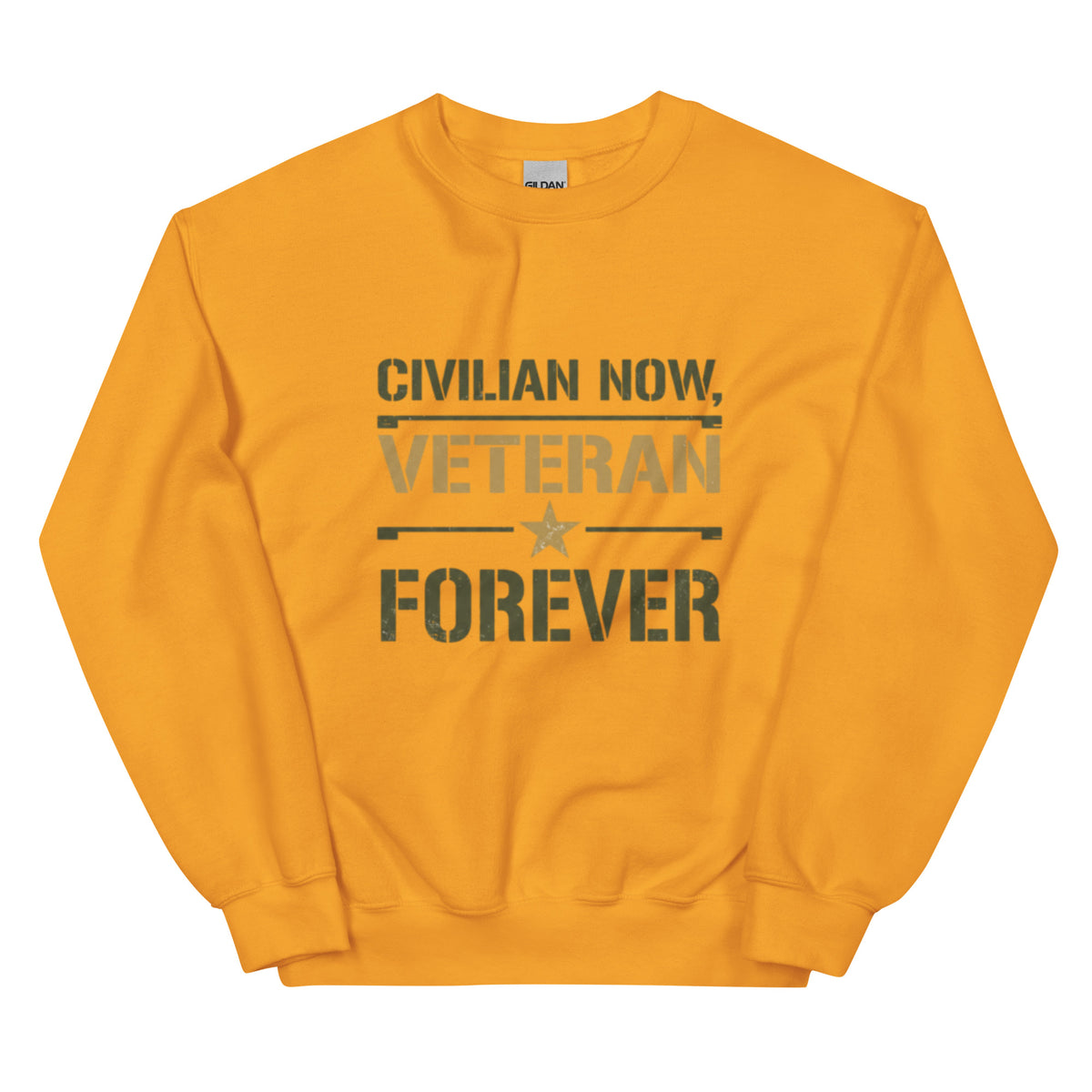 Civilian Now, Veteran Forever Crew Neck Sweatshirt in Gold, front, Twenty & Out