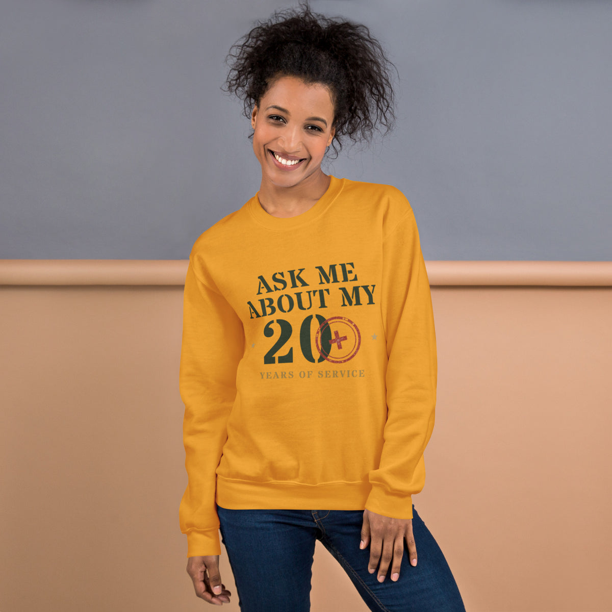 Ask Me About My 20 Plus Crewneck Sweatshirt in Gold, front, Twenty & Out