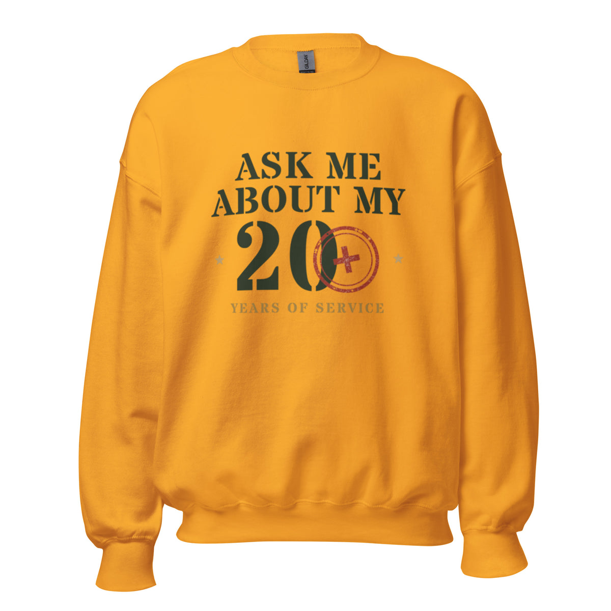 Ask Me About My 20 Plus Crewneck Sweatshirt in Gold, front, Twenty & Out