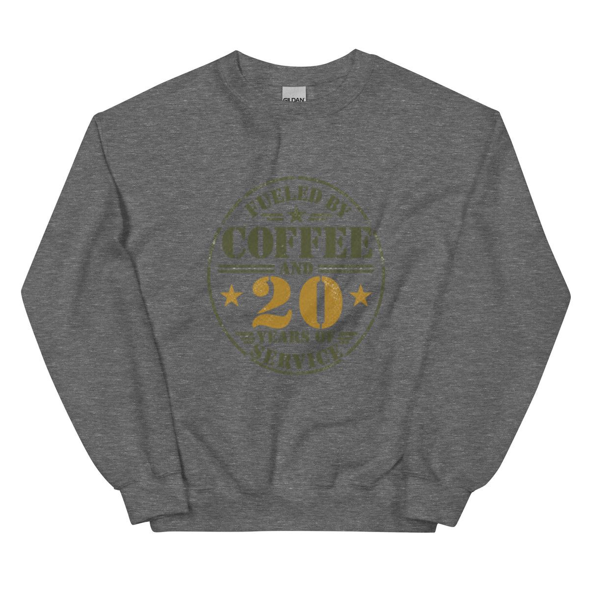 Fueled By 20 Years of Service Crew Neck Sweatshirt in Graphite Heather, front, Twenty & Out