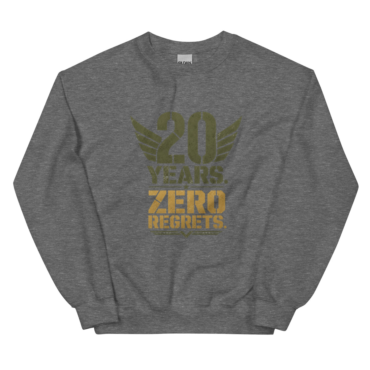 20 Years Zero Regrets Crew Neck Sweatshirt in Graphite Heather, front, Twenty & Out