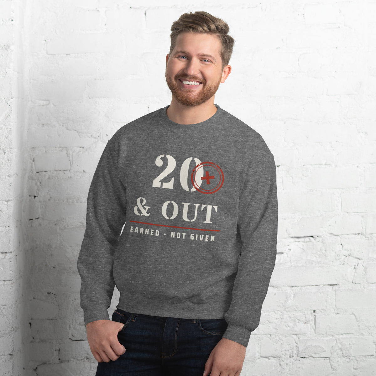 20 Plus & Out Crew Neck Sweatshirt in Graphite Heather, front, Twenty & Out