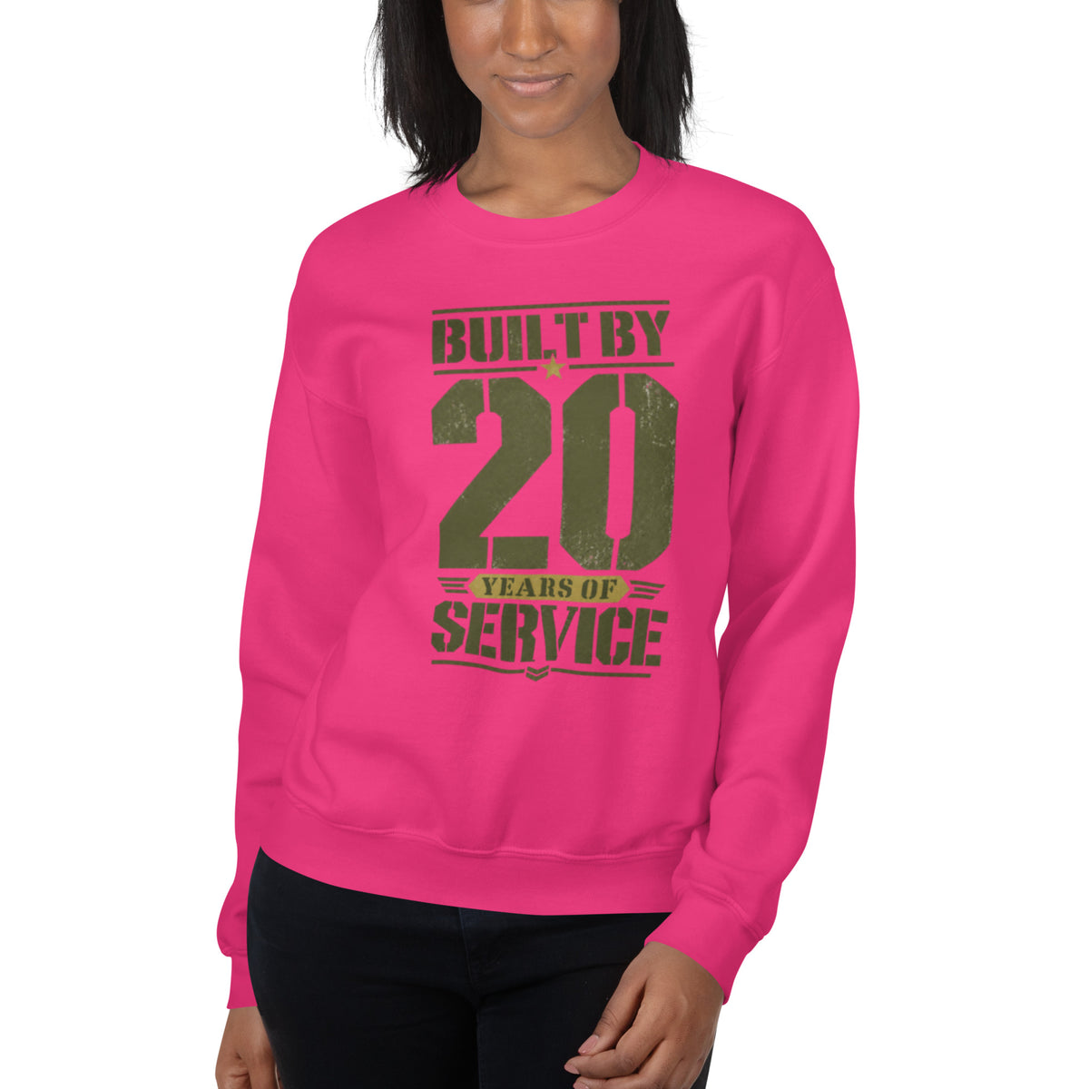 Built By 20 Years of Service Crew Neck Sweatshirt in Heliconia, front, Twenty & Out