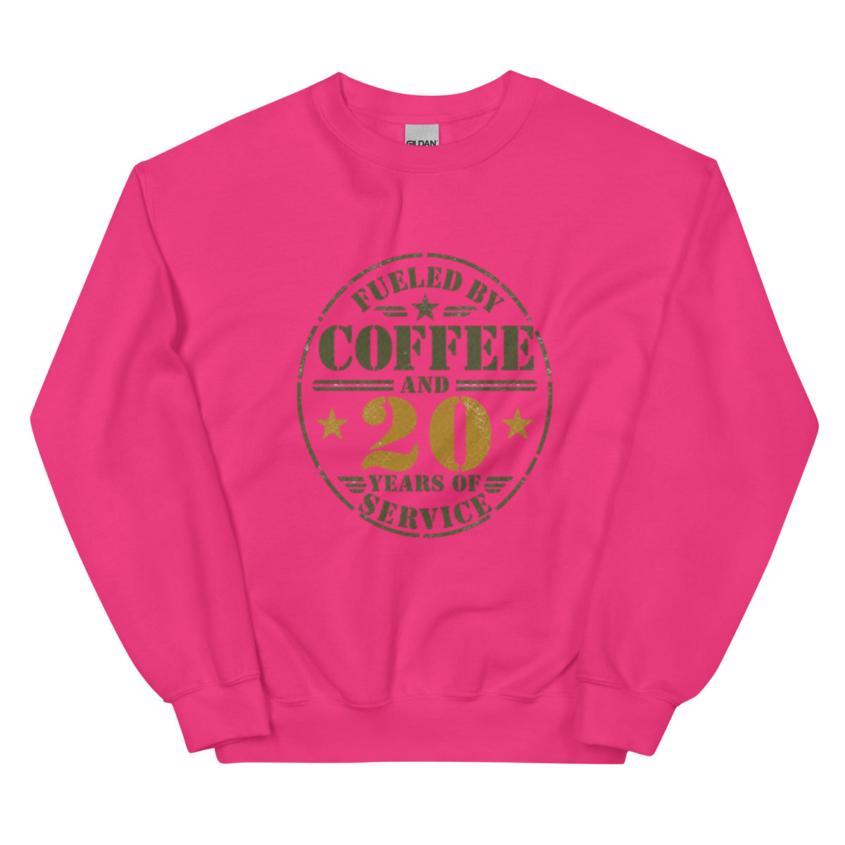 Fueled By 20 Years of Service Crew Neck Sweatshirt in Heliconia, front, Twenty & Out