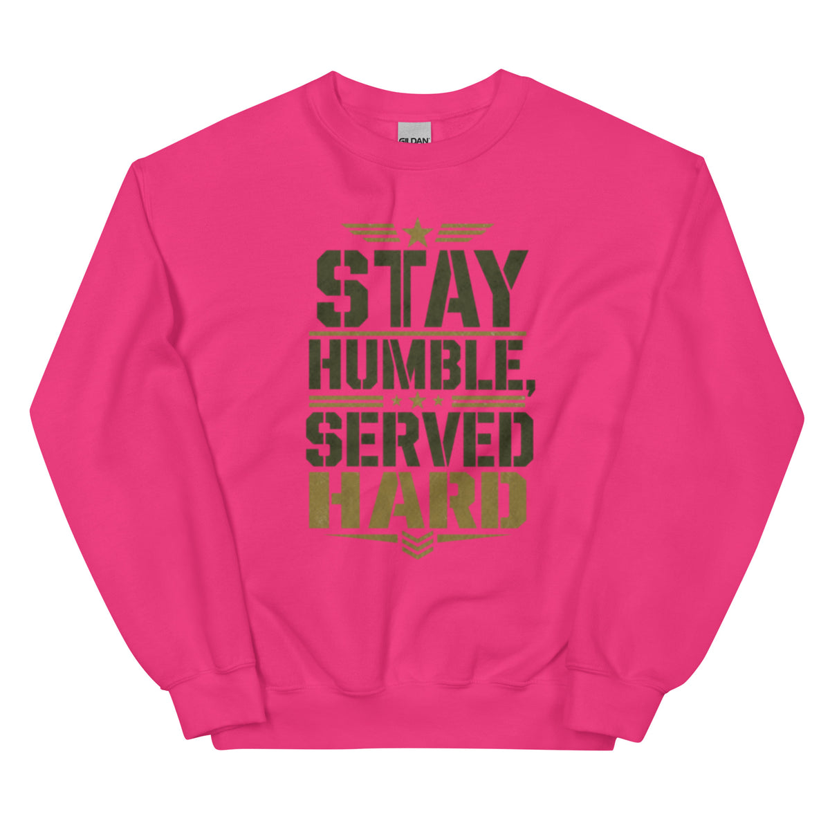 Stay Humble, Serve Hard Crew Neck Sweatshirt in Heliconia, front, Twenty & Out