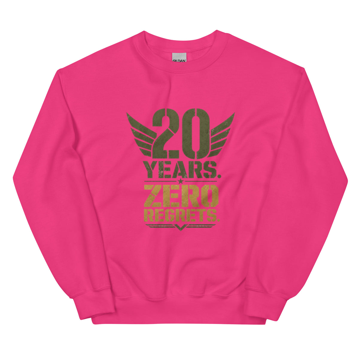 20 Years Zero Regrets Crew Neck Sweatshirt in Heliconia, front, Twenty & Out