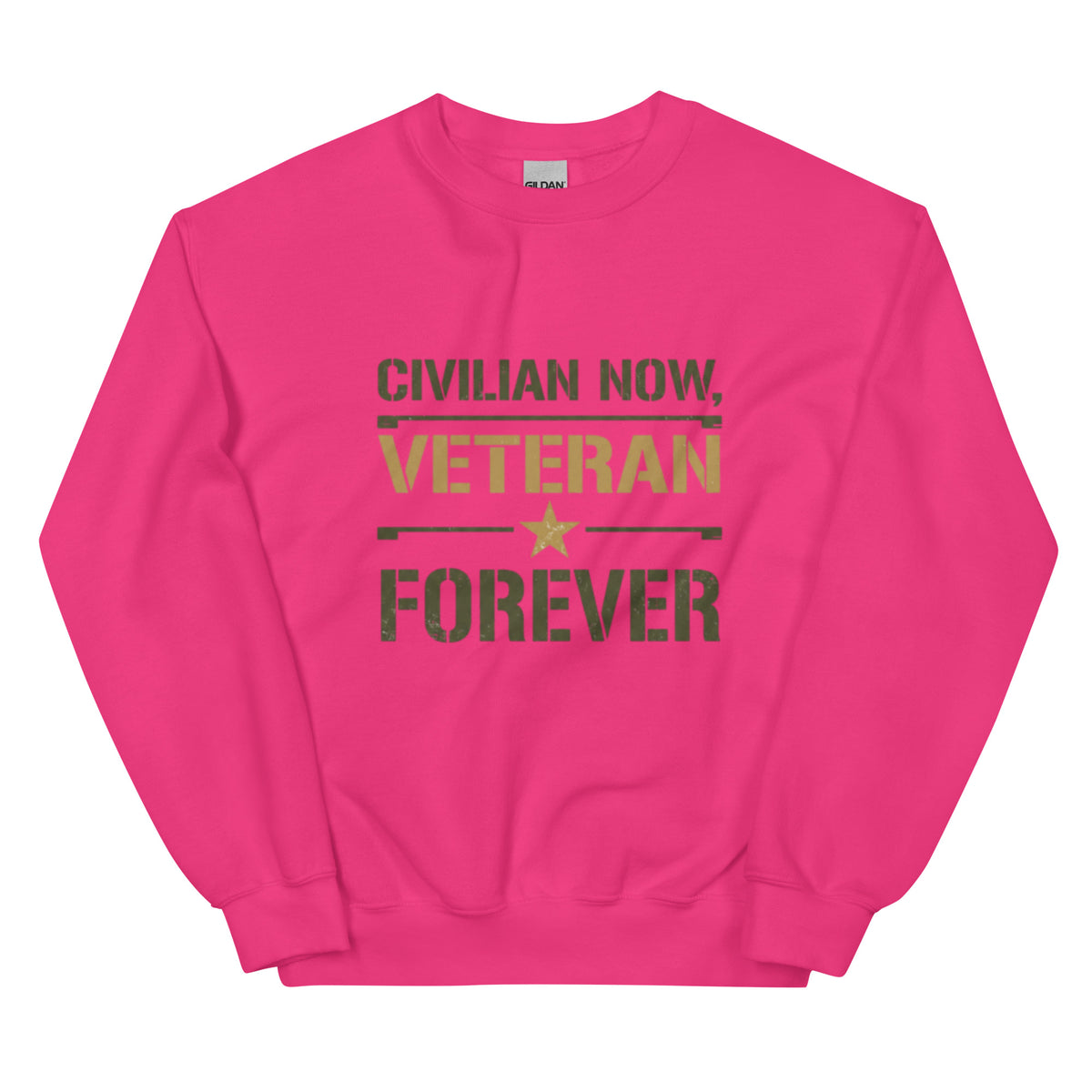 Civilian Now, Veteran Forever Crew Neck Sweatshirt in Heliconia, front, Twenty & Out