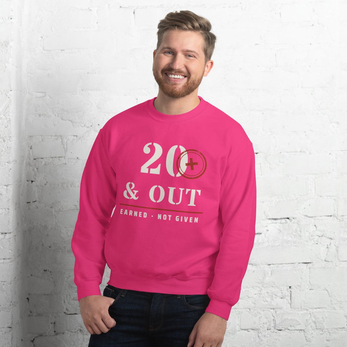 20 Plus & Out Crew Neck Sweatshirt in Heliconia, front, Twenty & Out