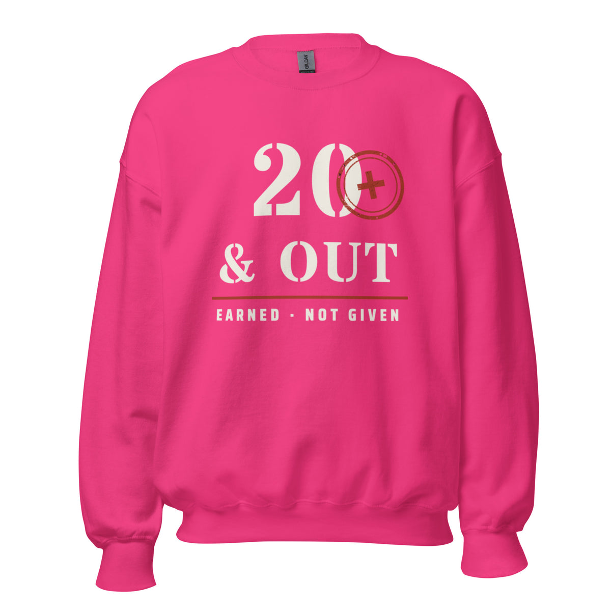 20 Plus & Out Crew Neck Sweatshirt in Heliconia, front, Twenty & Out