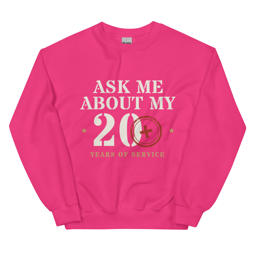 Ask Me About My 20+ Crewneck Sweatshirt in Heliconia, front, Twenty & Out