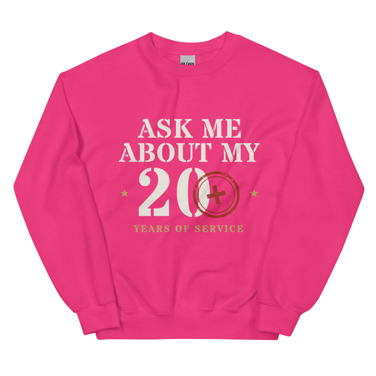 Ask Me About My 20+ Crewneck Sweatshirt in Heliconia, front, Twenty & Out