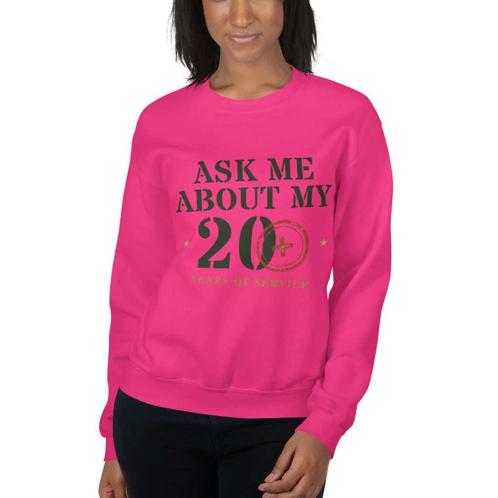 Ask Me About My 20 Plus Crewneck Sweatshirt in Heliconia, front, Twenty & Out