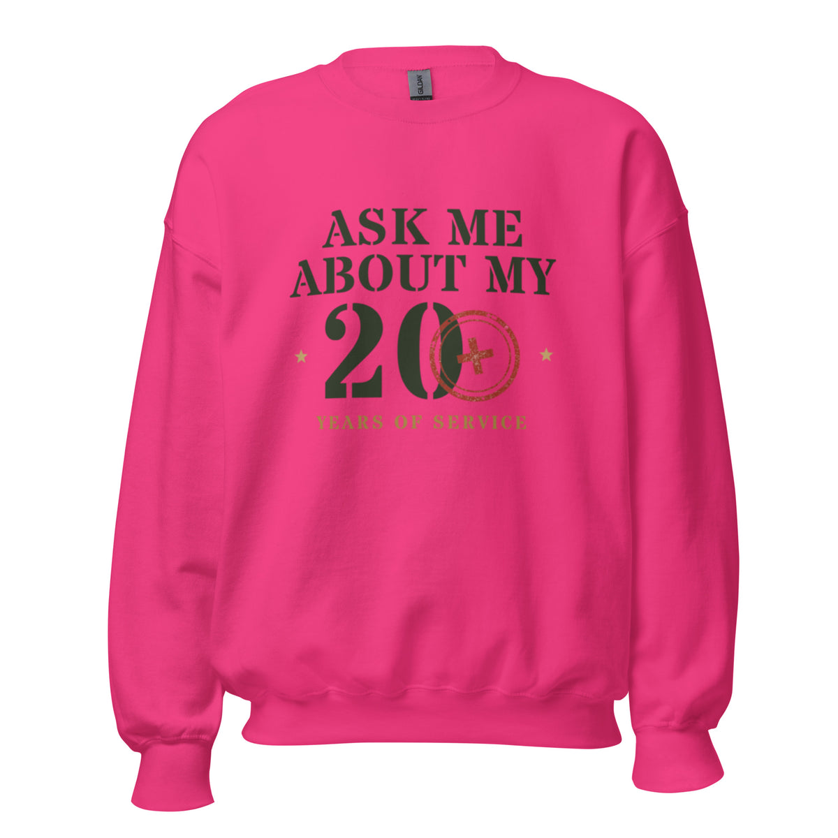 Ask Me About My 20 Plus Crewneck Sweatshirt in Heliconia, front, Twenty & Out