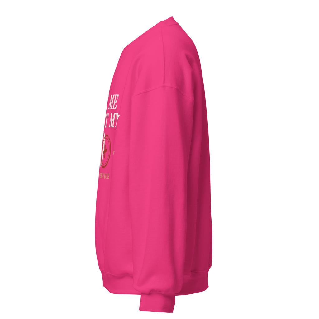 Ask Me About My 20+ Crewneck Sweatshirt in Heliconia, left, Twenty & Out