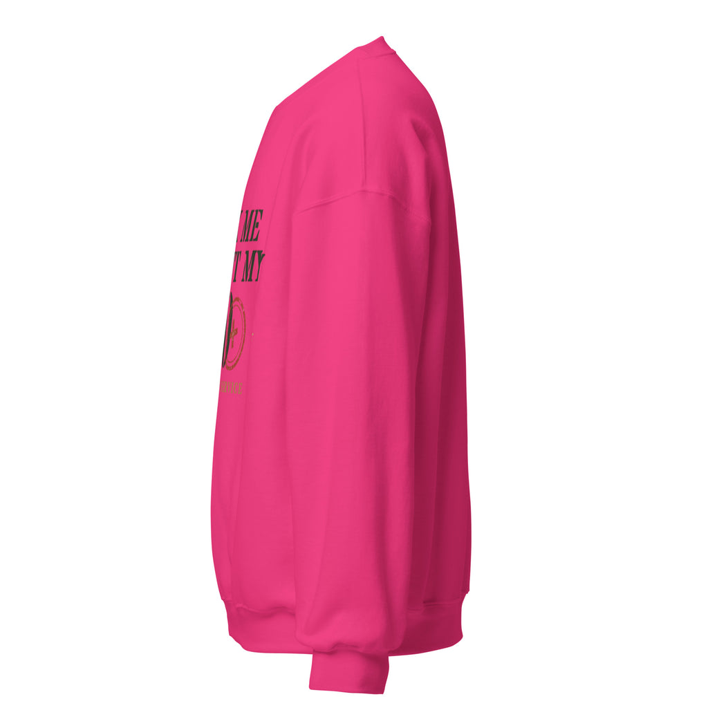 Ask Me About My 20 Plus Crewneck Sweatshirt in Heliconia, left, Twenty & Out