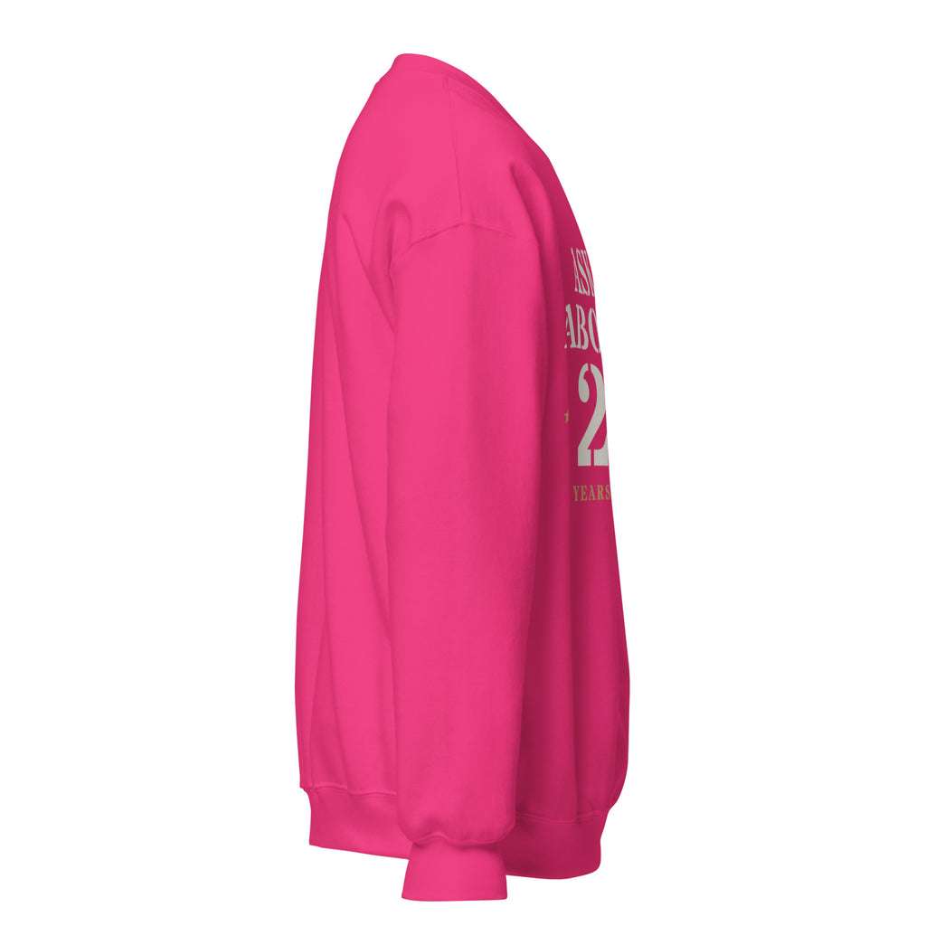 Ask Me About My 20+ Crewneck Sweatshirt in Heliconia, right, Twenty & Out