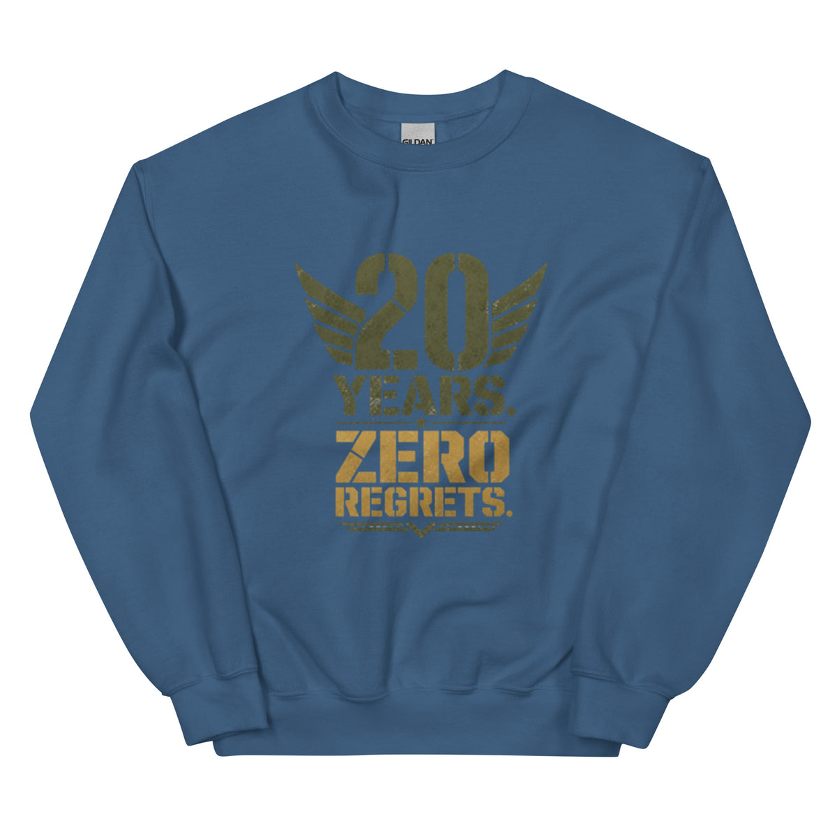 20 Years Zero Regrets Crew Neck Sweatshirt in Indigo Blue, front, Twenty & Out