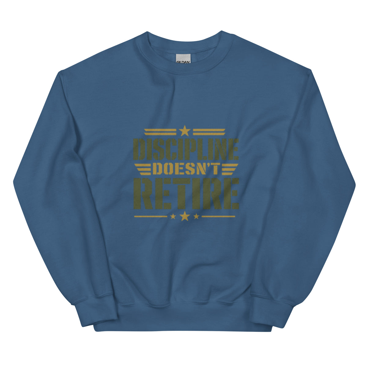 Discipline Doesn't Retire Crew Neck Sweatshirt in Indigo Blue, front, Twenty & Out