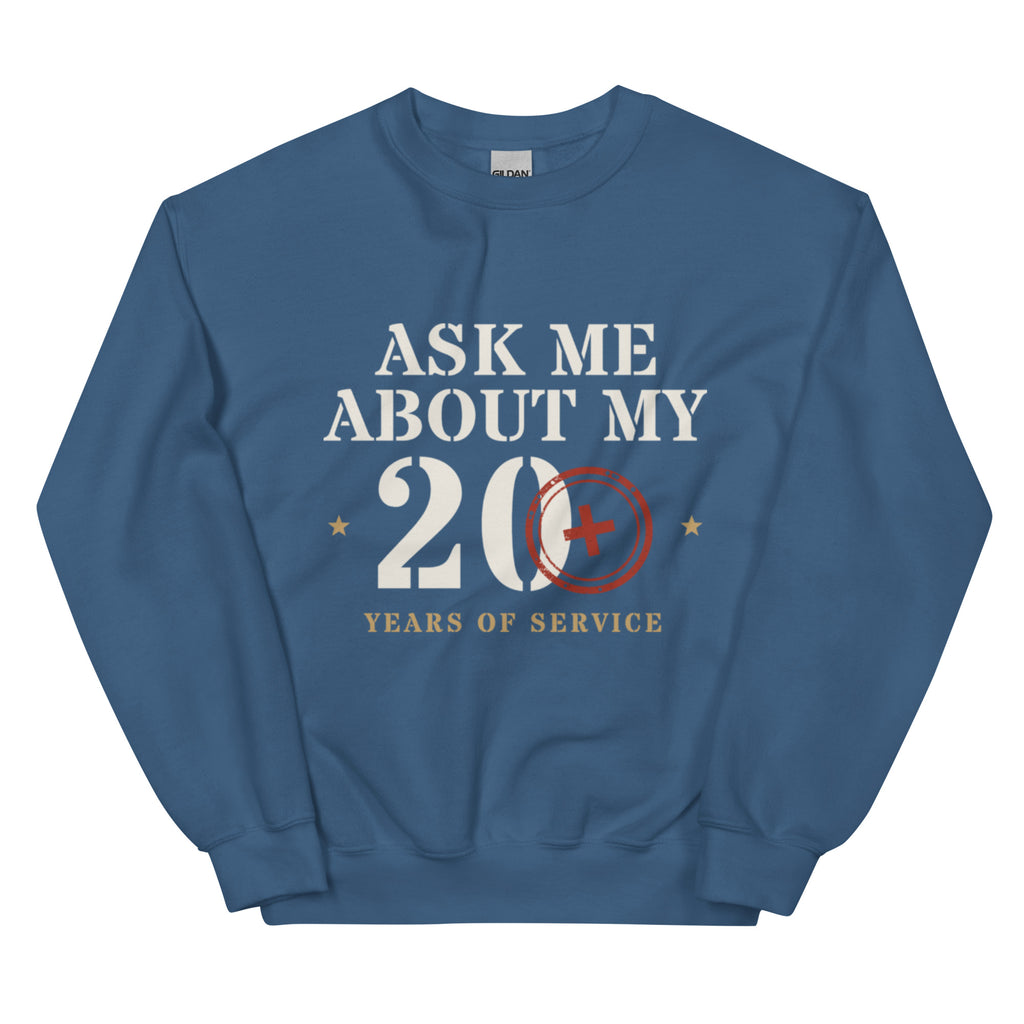 Ask Me About My 20+ Crewneck Sweatshirt in Indigo Blue, front, Twenty & Out