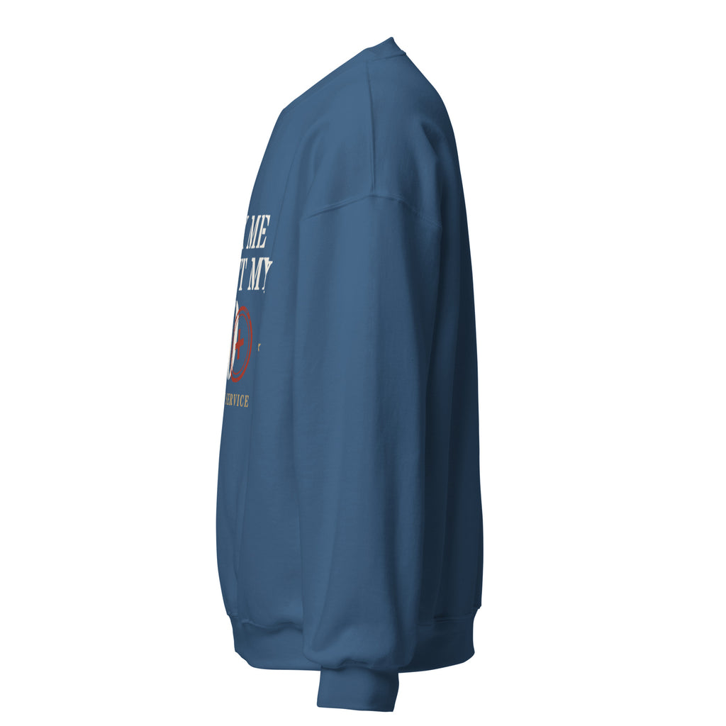 Ask Me About My 20+ Crewneck Sweatshirt in Indigo Blue, left, Twenty & Out