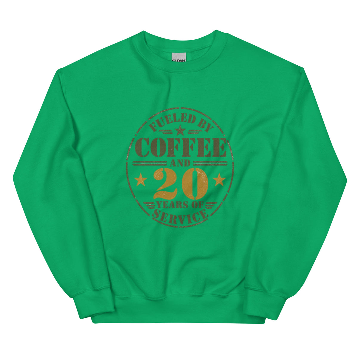 Fueled By 20 Years of Service Crew Neck Sweatshirt in Irish Green, front, Twenty & Out