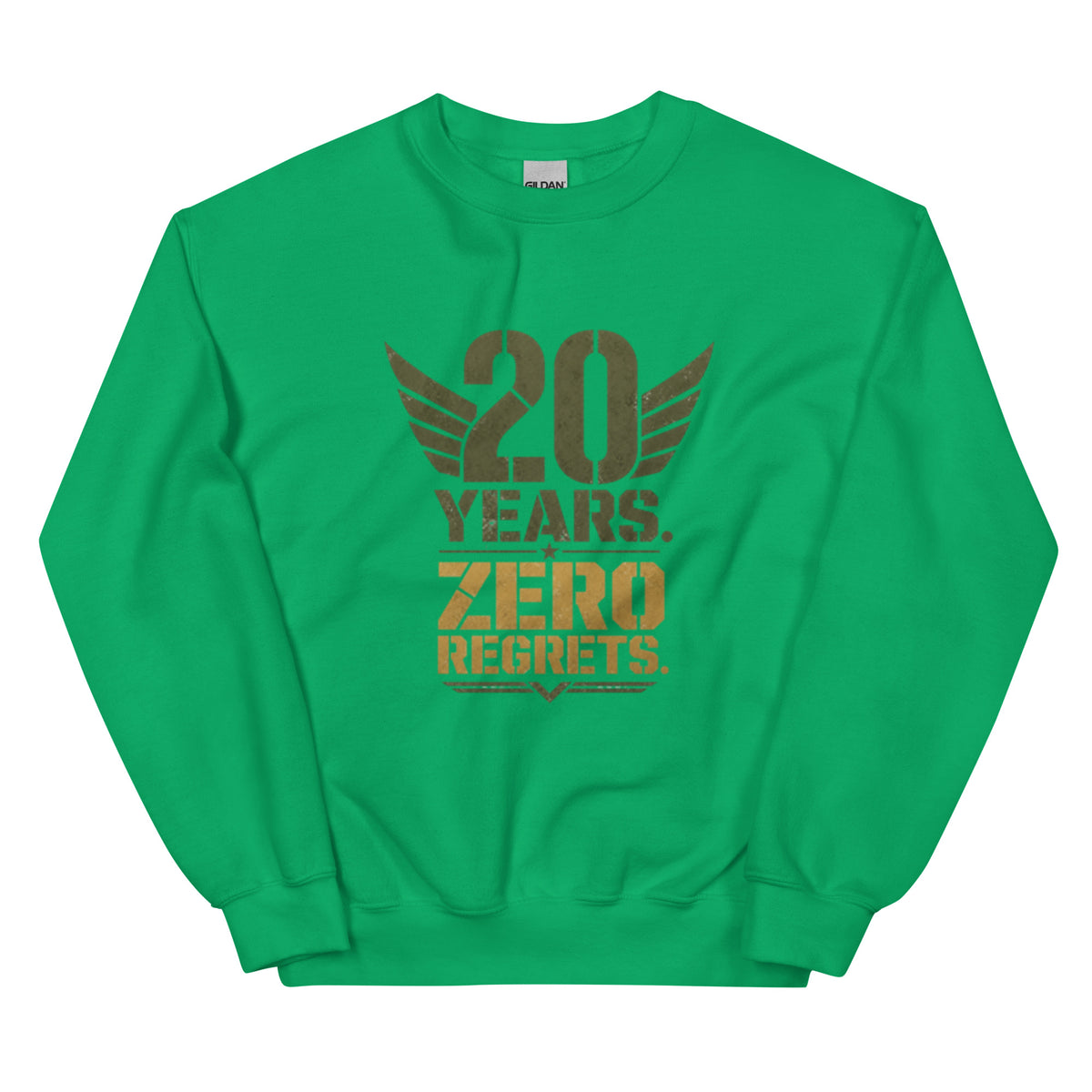 20 Years Zero Regrets Crew Neck Sweatshirt in Irish Green, front, Twenty & Out