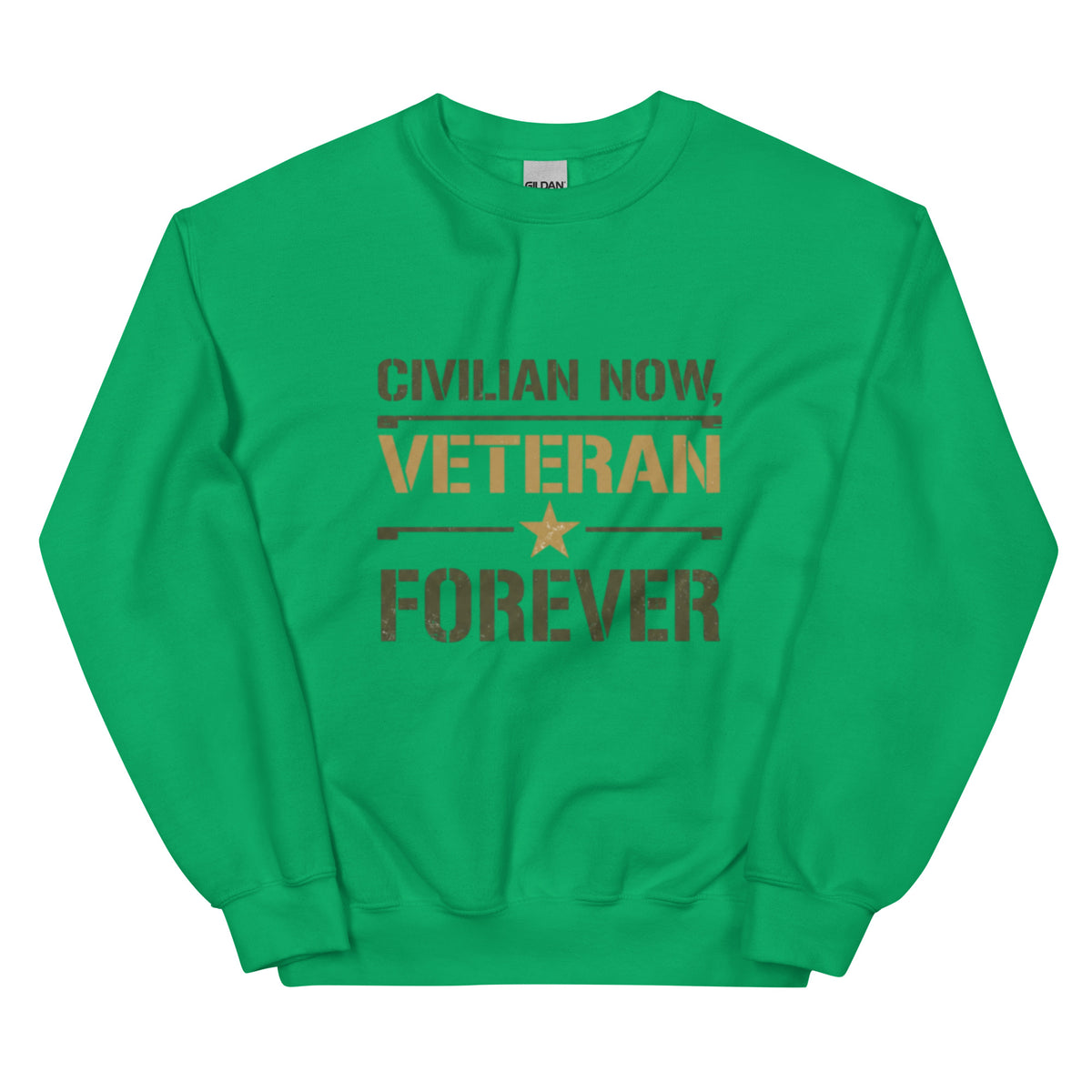 Civilian Now, Veteran Forever Crew Neck Sweatshirt in Irish Green, front, Twenty & Out