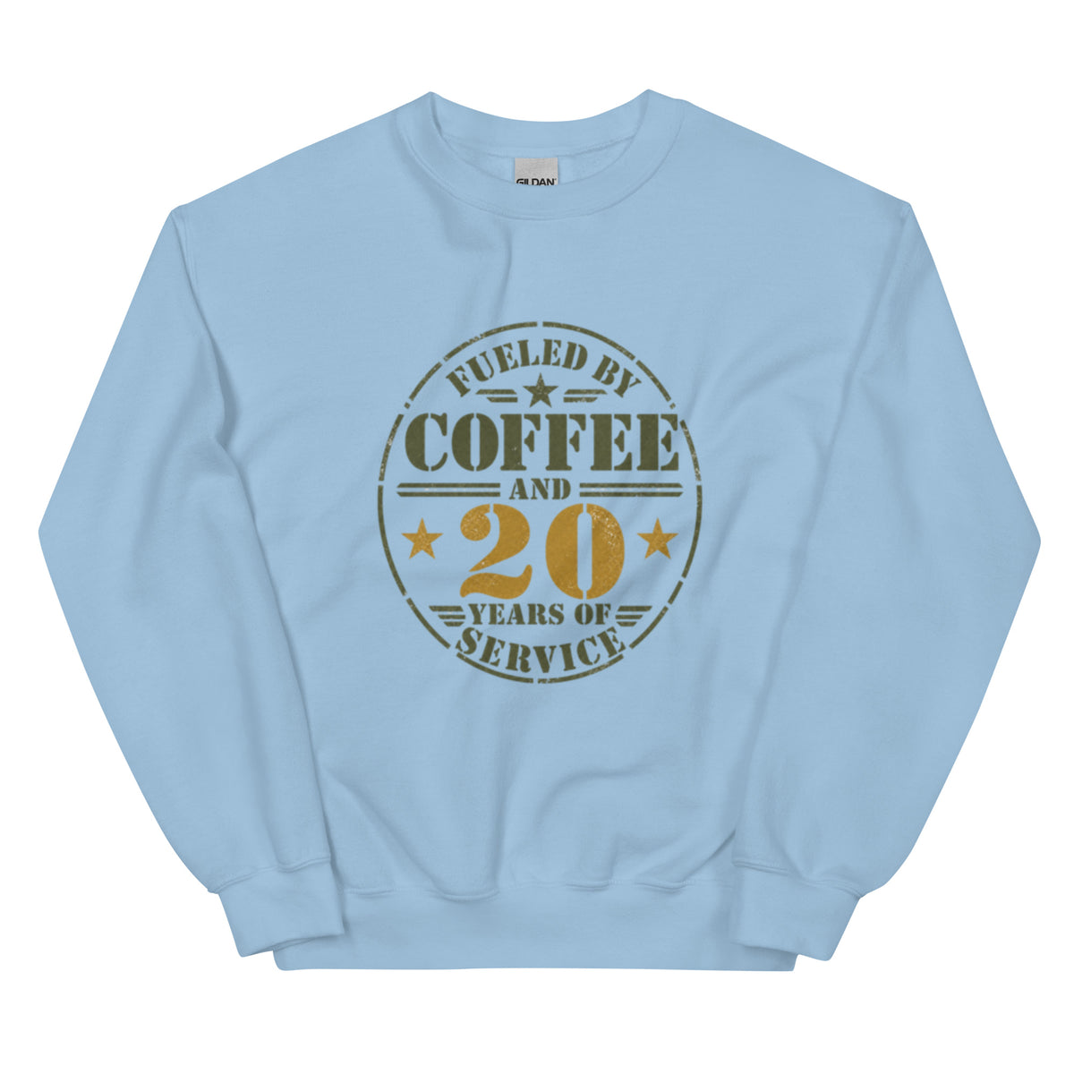 Fueled By 20 Years of Service Crew Neck Sweatshirt in Light Blue, front, Twenty & Out
