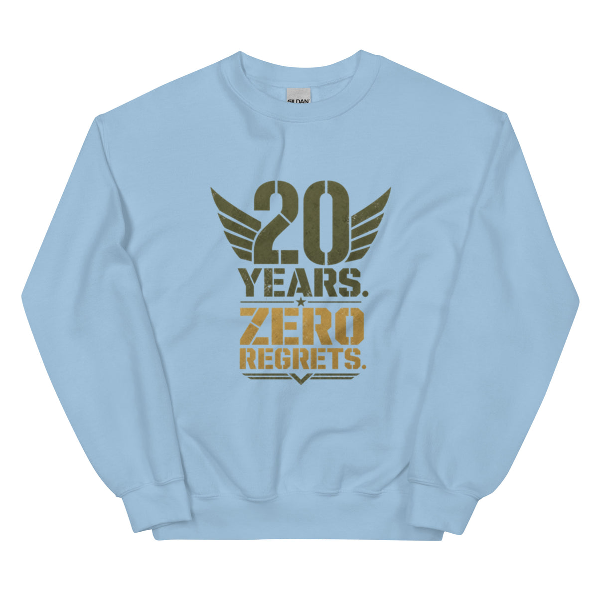 20 Years Zero Regrets Crew Neck Sweatshirt in Light Blue, front, Twenty & Out