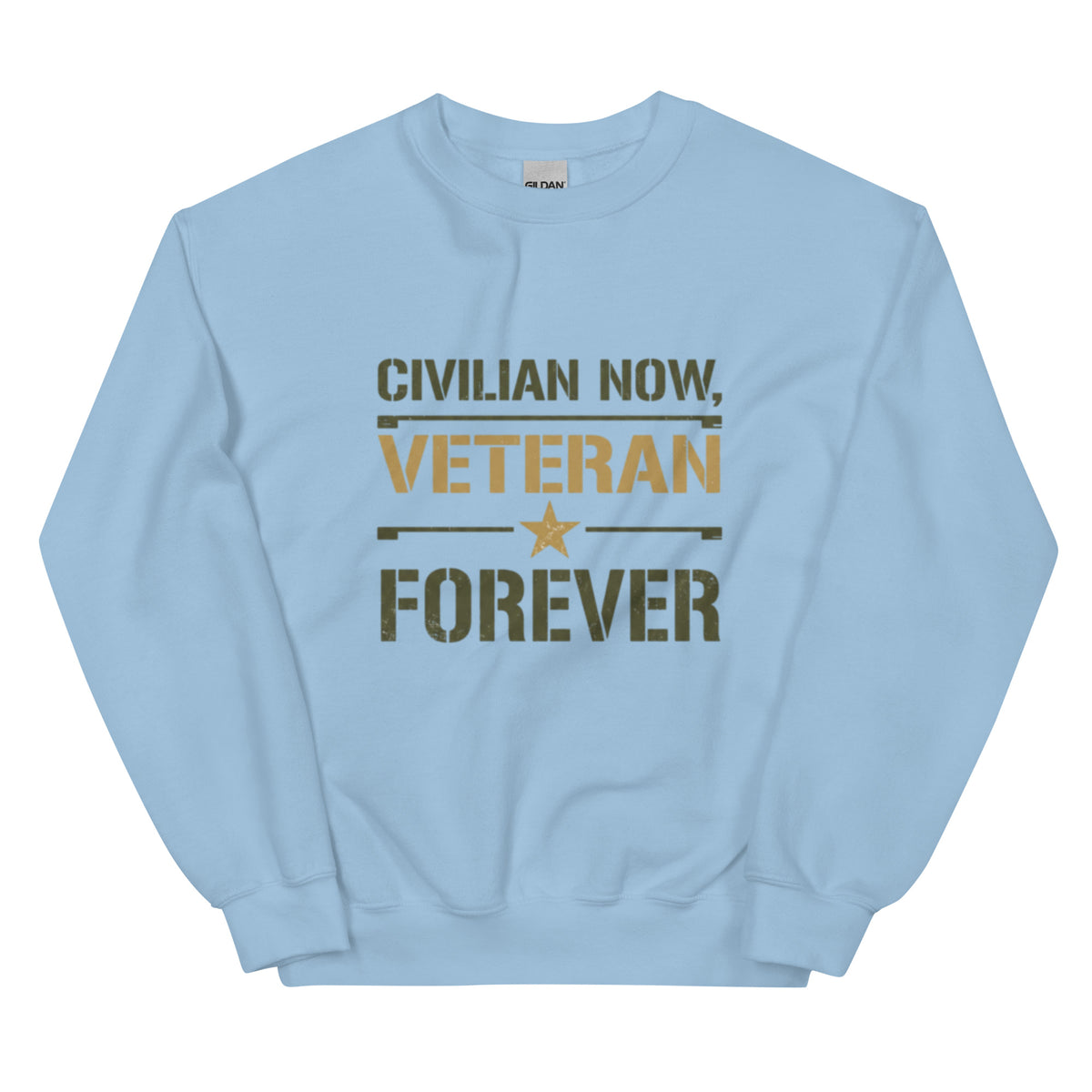 Civilian Now, Veteran Forever Crew Neck Sweatshirt in Light Blue, front, Twenty & Out