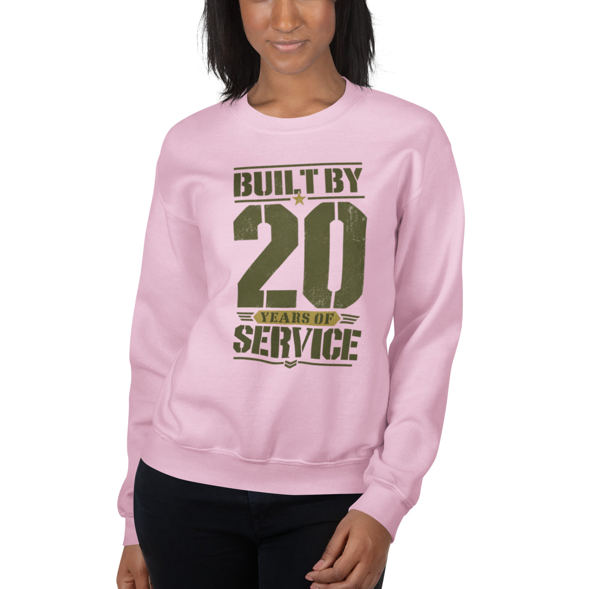 Built By 20 Years of Service Crew Neck Sweatshirt in Light Pink, front, Twenty & Out