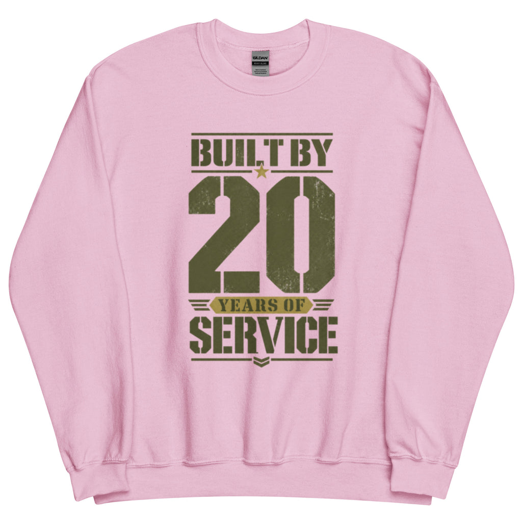 Built By 20 Years of Service Crew Neck Sweatshirt in Light Pink, front, Twenty & Out