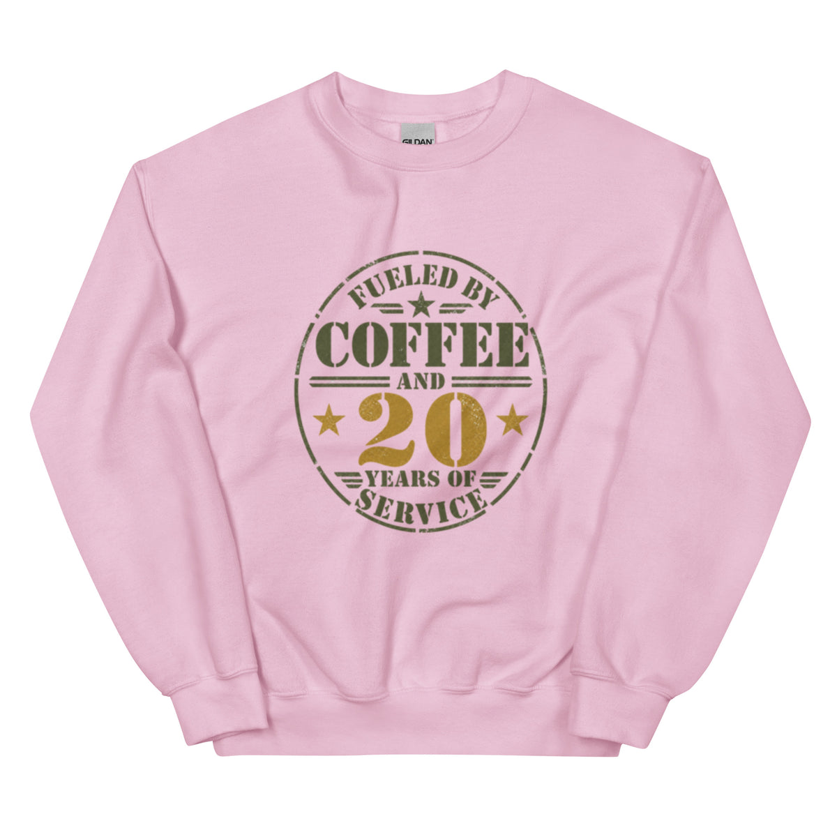 Fueled By 20 Years of Service Crew Neck Sweatshirt in Light Pink, front, Twenty & Out