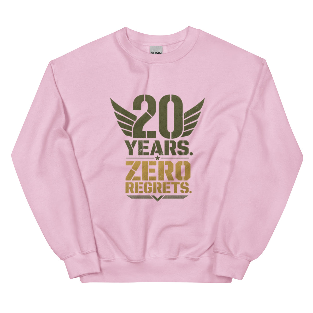 20 Years Zero Regrets Crew Neck Sweatshirt in Light Pink, front, Twenty & Out