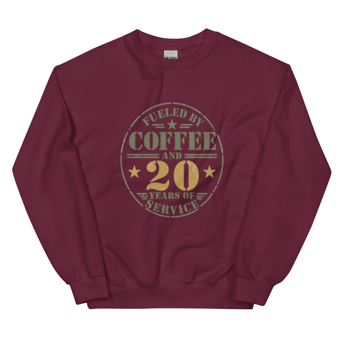Fueled By 20 Years of Service Crew Neck Sweatshirt in Maroon, front, Twenty & Out