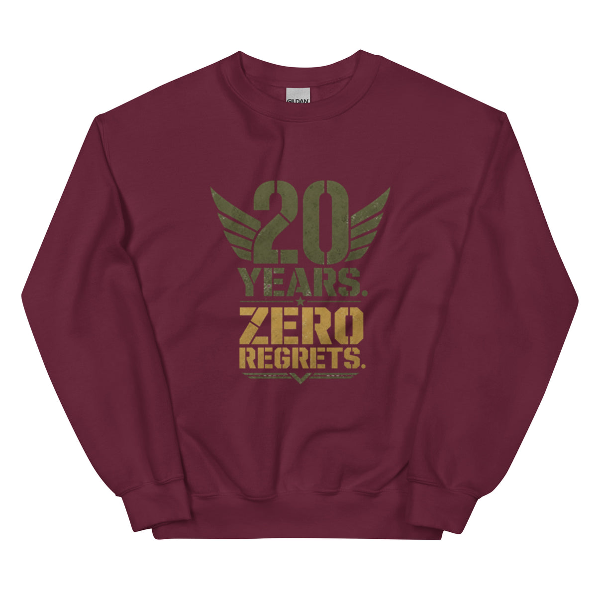 20 Years Zero Regrets Crew Neck Sweatshirt in Maroon, front, Twenty & Out