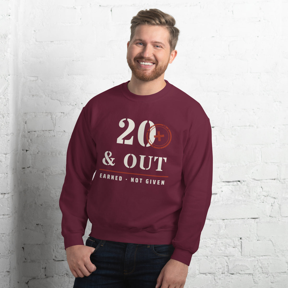 20 Plus & Out Crew Neck Sweatshirt in Maroon, front, Twenty & Out
