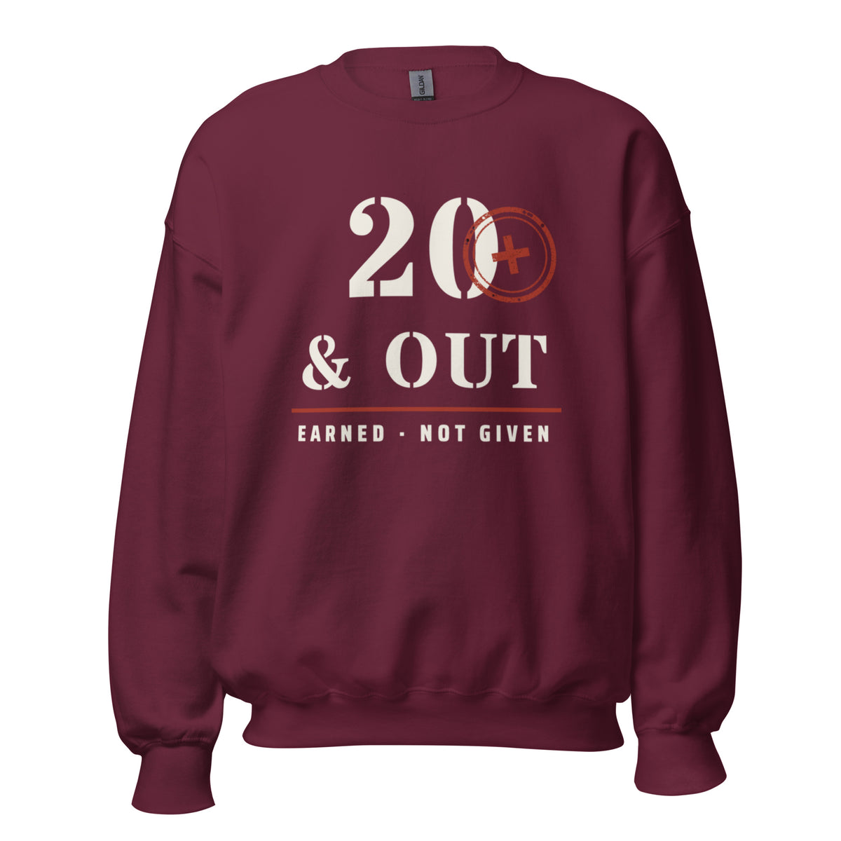 20 Plus & Out Crew Neck Sweatshirt in Maroon, front, Twenty & Out