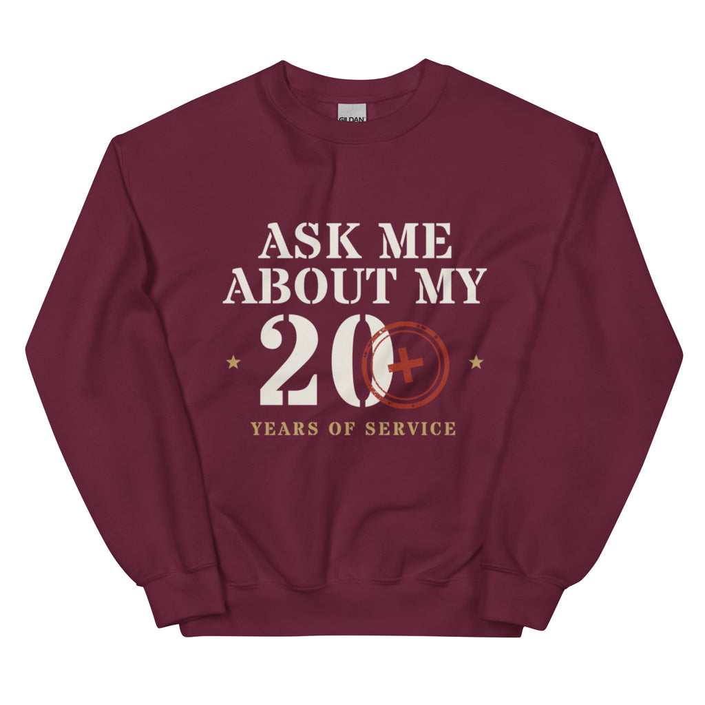 Ask Me About My 20+ Crewneck Sweatshirt in Maroon, front, Twenty & Out